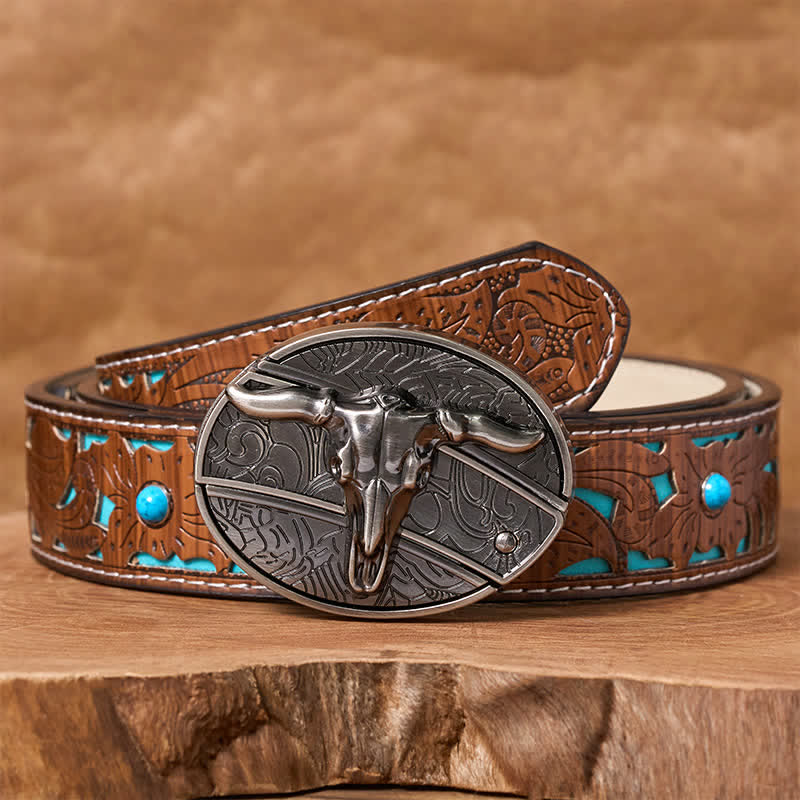 Herren DIY Rodeo Bull Verstecktes Klappmesser Schnalle Ledergürtel - Longhorn - Türkisfarbener, geschnitzter Gürtel - 42 - image 4