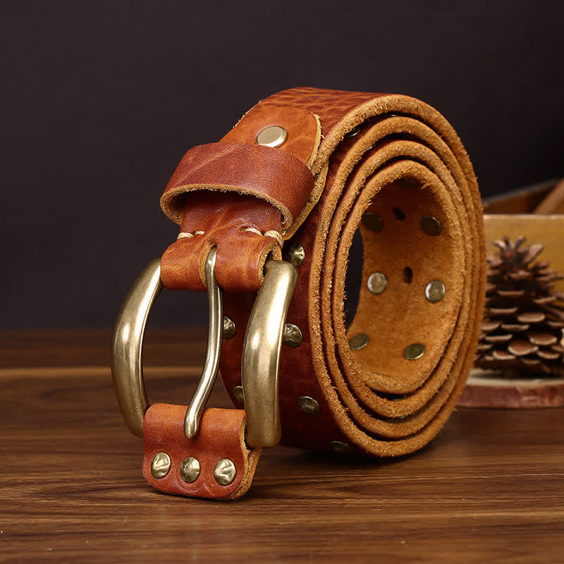 Vintage-Ledergürtel mit Messingnieten und Nieten - Orange - 44 - image 0