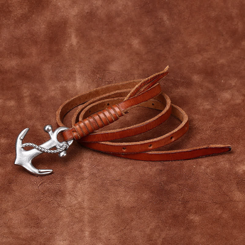 Schmaler Ledergürtel mit nautischem Anker-Vintage-Motiv und Schnalle für Damen - Orange - 40 - image 0