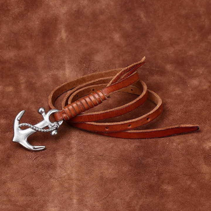 Schmaler Ledergürtel mit nautischem Anker-Vintage-Motiv und Schnalle für Damen - Orange - 40 - image 0