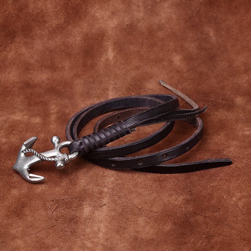 Schmaler Ledergürtel mit nautischem Anker-Vintage-Motiv und Schnalle für Damen - Schwarz - 40 - image 8