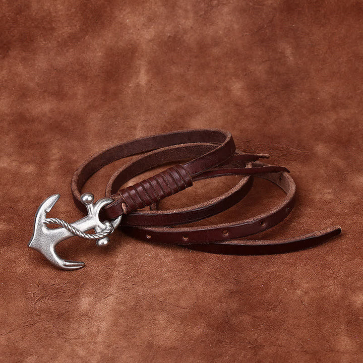Schmaler Ledergürtel mit nautischem Anker-Vintage-Motiv und Schnalle für Damen - Kaffee - 40 - image 5