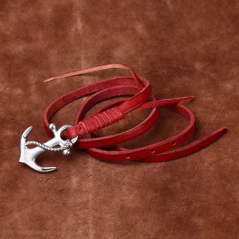 Schmaler Ledergürtel mit nautischem Anker-Vintage-Motiv und Schnalle für Damen - Rot - 40 - image 14