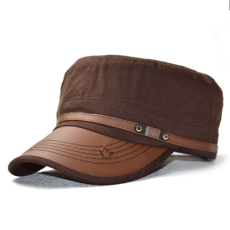 Lederakzente im Militärstil und Sternenstickerei, flacher Hut - Kaffee - M (22"-22 7/8") - image 8