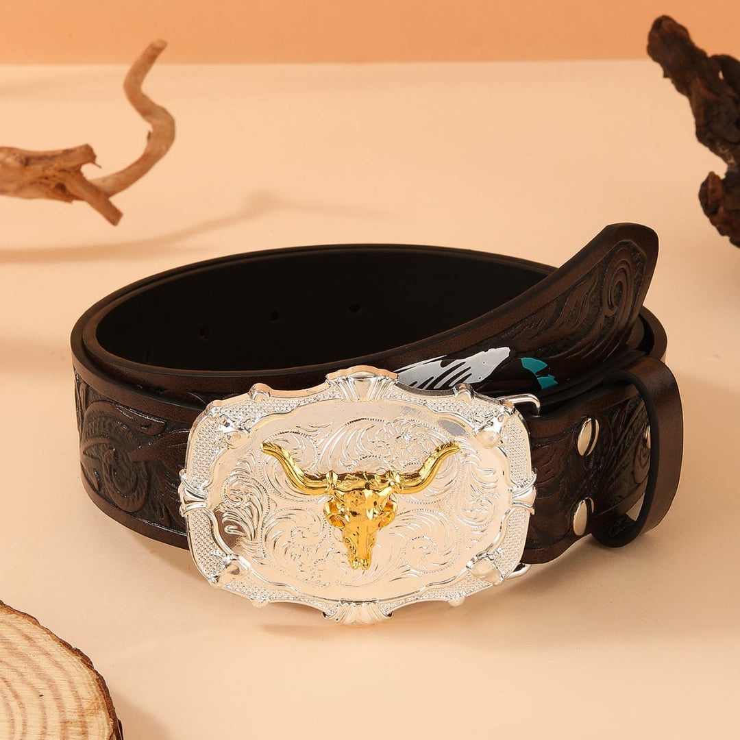 Western-Gürtel aus Leder mit goldener Bullenkopfschnalle und Federprägung - Kaffee - 42 - image 4