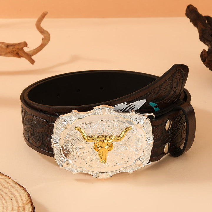 Western-Gürtel aus Leder mit goldener Bullenkopfschnalle und Federprägung - Kaffee - 42 - image 4