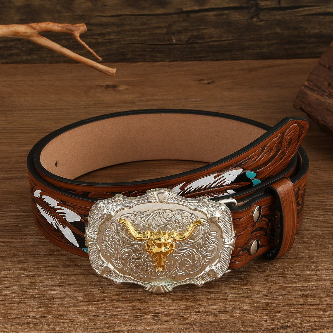 Western-Gürtel aus Leder mit goldener Bullenkopfschnalle und Federprägung - Braun - 42 - image 0