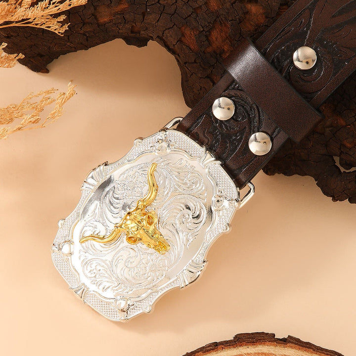 Western-Gürtel aus Leder mit goldener Bullenkopfschnalle und Federprägung - image 5