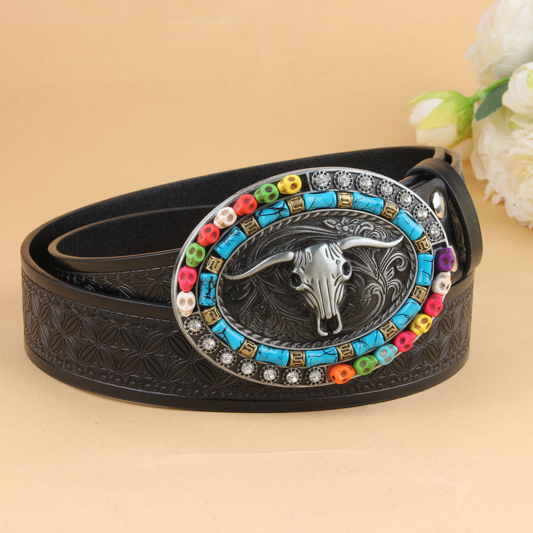 Western Bohemian Gürtel aus geprägtem Leder mit türkisfarbener Perlen- und Stierkopfschnalle - Bullhead - 40 - image 0