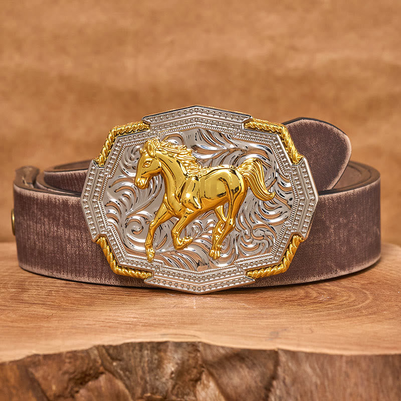Herren-Ledergürtel im Western-Stil mit goldener und silberner Reliefschnalle und galoppierendem Pferd - Brauner, abgenutzter Gürtel - 42 - image 5