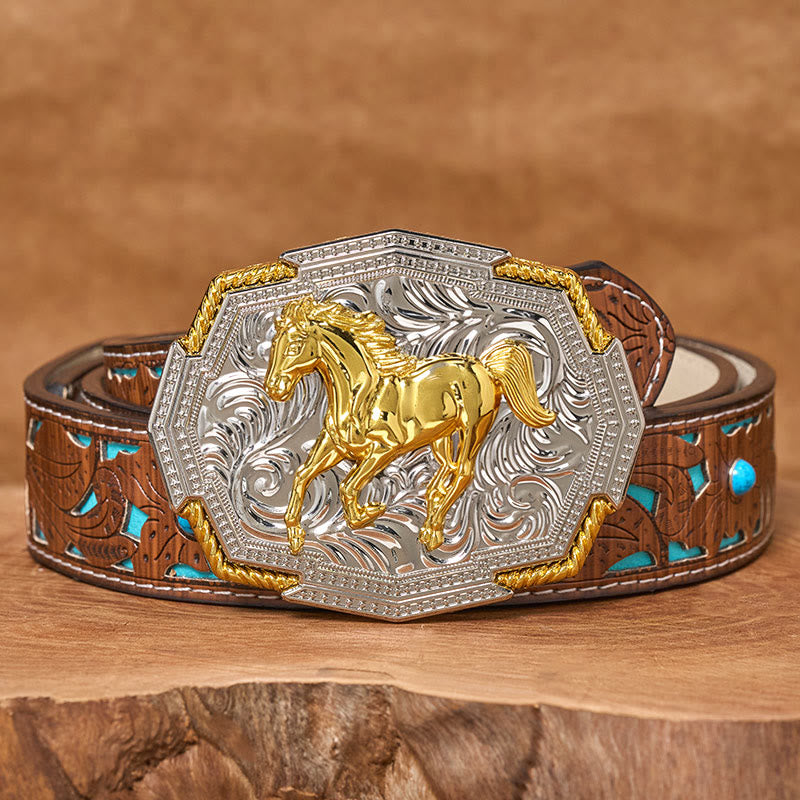Herren-Ledergürtel im Western-Stil mit goldener und silberner Reliefschnalle und galoppierendem Pferd - Türkisfarbener, geschnitzter Gürtel - 42 - image 3