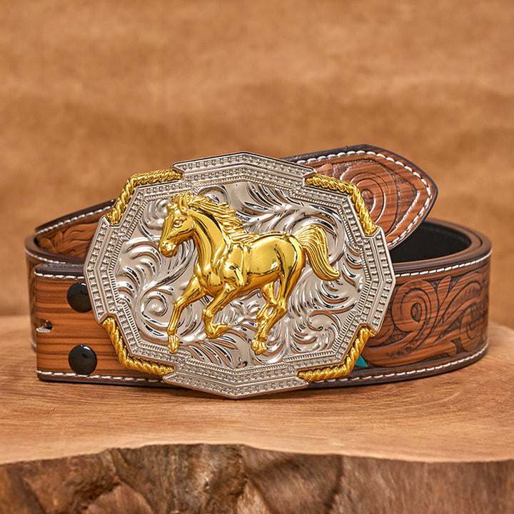 Herren-Ledergürtel im Western-Stil mit goldener und silberner Reliefschnalle und galoppierendem Pferd - Brauner Federgürtel - 40 - image 7