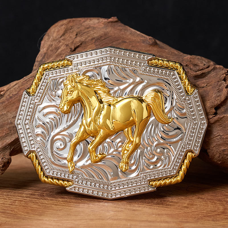 Herren-Ledergürtel im Western-Stil mit goldener und silberner Reliefschnalle und galoppierendem Pferd - Ohne Gürtel - Nicht im Lieferumfang enthalten: Gürtel - image 0