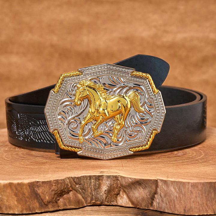 Herren-Ledergürtel im Western-Stil mit goldener und silberner Reliefschnalle und galoppierendem Pferd - Schwarzer Gürtel mit Adlerprägung - 42 - image 2