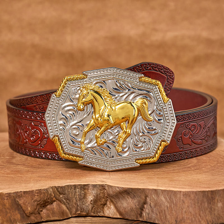 Herren-Ledergürtel im Western-Stil mit goldener und silberner Reliefschnalle und galoppierendem Pferd - Brauner geschnitzter Gürtel - 42 - image 6