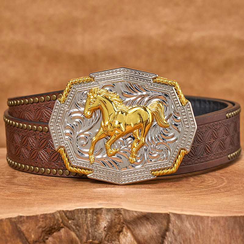 Herren-Ledergürtel im Western-Stil mit goldener und silberner Reliefschnalle und galoppierendem Pferd - Brauner Nietgürtel - 42 - image 4