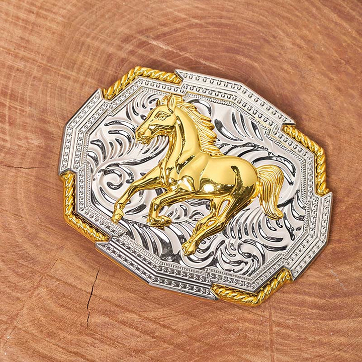 Herren-Ledergürtel im Western-Stil mit goldener und silberner Reliefschnalle und galoppierendem Pferd - image 1