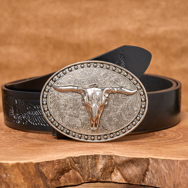 Herren-Ledergürtel mit silberner Longhorn-Bullhead-Schnalle und ovaler Schnalle - Schwarzer Gürtel mit Adlerprägung - 42 - image 2