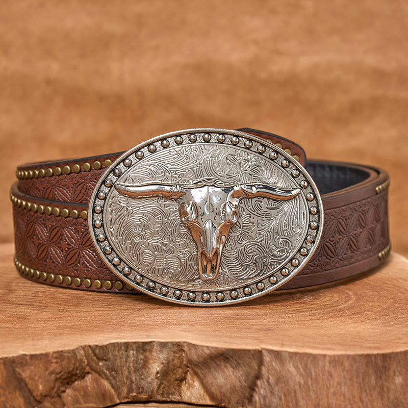Herren-Ledergürtel mit silberner Longhorn-Bullhead-Schnalle und ovaler Schnalle - Brauner Nietgürtel - 42 - image 4