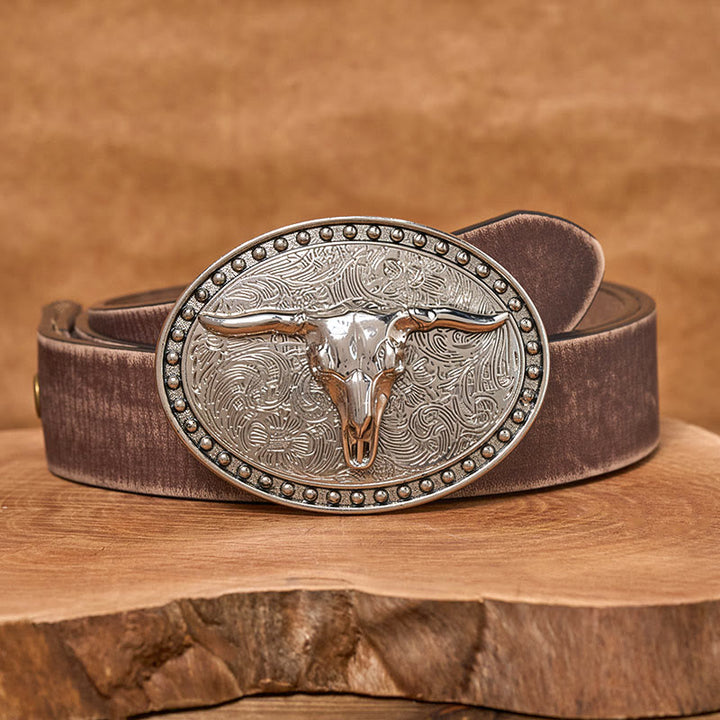Herren-Ledergürtel mit silberner Longhorn-Bullhead-Schnalle und ovaler Schnalle - Brauner, abgenutzter Gürtel - 42 - image 5