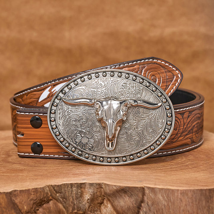 Herren-Ledergürtel mit silberner Longhorn-Bullhead-Schnalle und ovaler Schnalle - Brauner Federgürtel - 40 - image 7