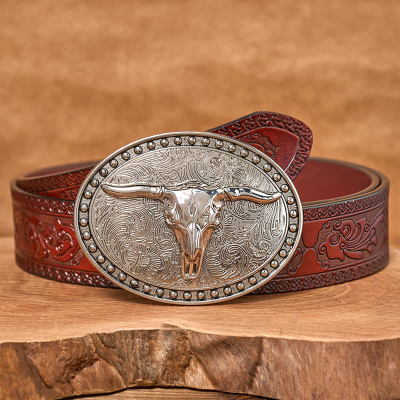 Herren-Ledergürtel mit silberner Longhorn-Bullhead-Schnalle und ovaler Schnalle - Brauner geschnitzter Gürtel - 42 - image 6