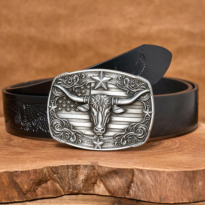 Herren-Ledergürtel im Vintage-Stil mit Sternenstreifen, Flaggenmotiv und Longhorn-Bullenmotiv, Schnalle - Schwarzer Gürtel mit Adlerprägung - 42 - image 2