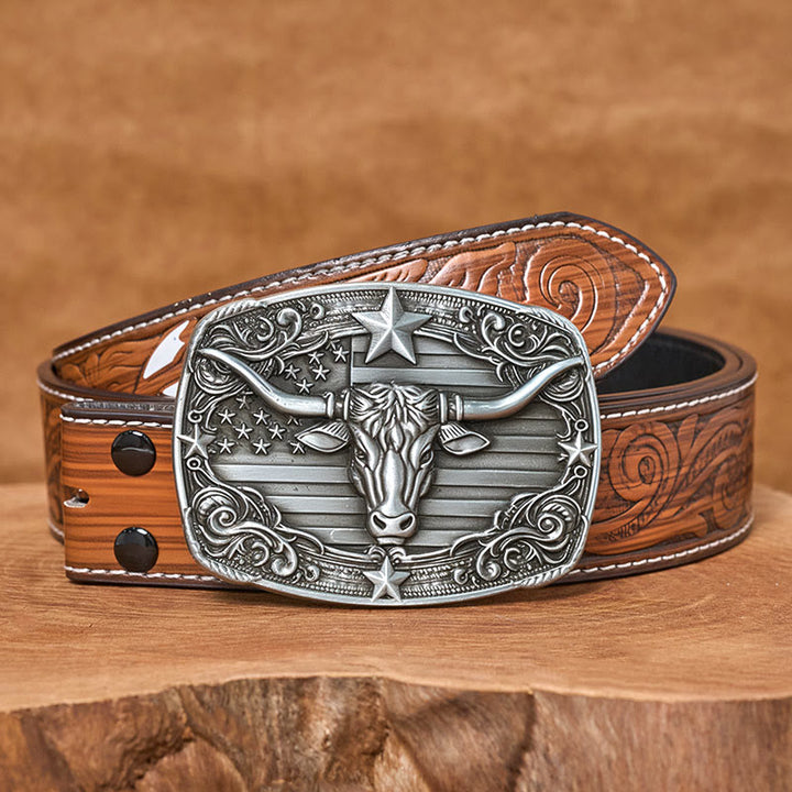Herren-Ledergürtel im Vintage-Stil mit Sternenstreifen, Flaggenmotiv und Longhorn-Bullenmotiv, Schnalle - Brauner Federgürtel - 40 - image 7
