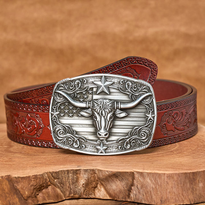 Herren-Ledergürtel im Vintage-Stil mit Sternenstreifen, Flaggenmotiv und Longhorn-Bullenmotiv, Schnalle - Brauner geschnitzter Gürtel - 42 - image 6