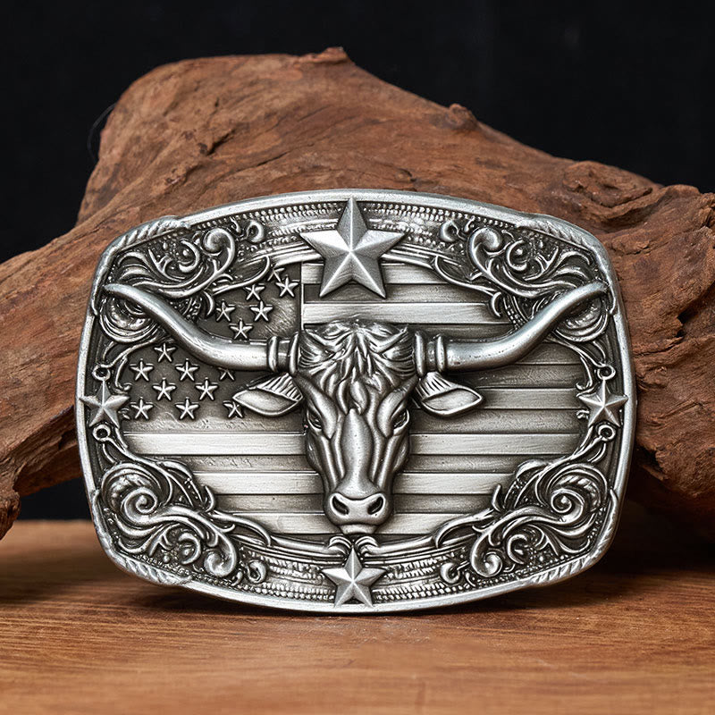Herren-Ledergürtel im Vintage-Stil mit Sternenstreifen, Flaggenmotiv und Longhorn-Bullenmotiv, Schnalle - Ohne Gürtel - Nicht im Lieferumfang enthalten: Gürtel - image 0