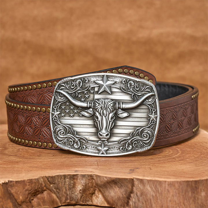 Herren-Ledergürtel im Vintage-Stil mit Sternenstreifen, Flaggenmotiv und Longhorn-Bullenmotiv, Schnalle - Brauner Nietgürtel - 42 - image 4