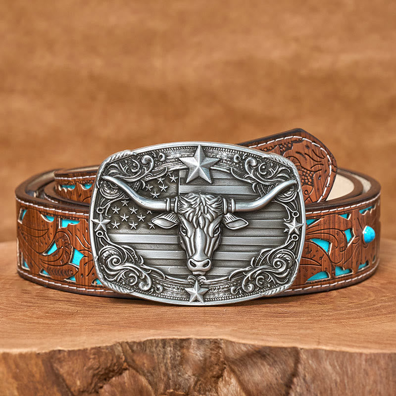 Herren-Ledergürtel im Vintage-Stil mit Sternenstreifen, Flaggenmotiv und Longhorn-Bullenmotiv, Schnalle - Türkisfarbener, geschnitzter Gürtel - 42 - image 3