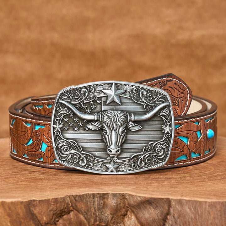 Herren-Ledergürtel im Vintage-Stil mit Sternenstreifen, Flaggenmotiv und Longhorn-Bullenmotiv, Schnalle - Türkisfarbener, geschnitzter Gürtel - 42 - image 3