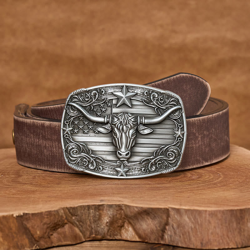 Herren-Ledergürtel im Vintage-Stil mit Sternenstreifen, Flaggenmotiv und Longhorn-Bullenmotiv, Schnalle - Brauner, abgenutzter Gürtel - 42 - image 5