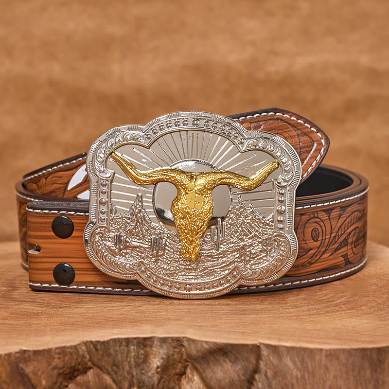 Herren-Ledergürtel mit silberner Western-Wüsten-Bullhead-Reliefschnalle - Golden - Brauner Federgürtel - 40 - image 14