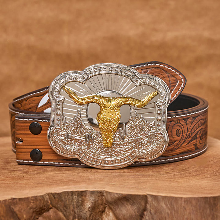 Herren-Ledergürtel mit silberner Western-Wüsten-Bullhead-Reliefschnalle - Golden - Brauner Federgürtel - 40 - image 14