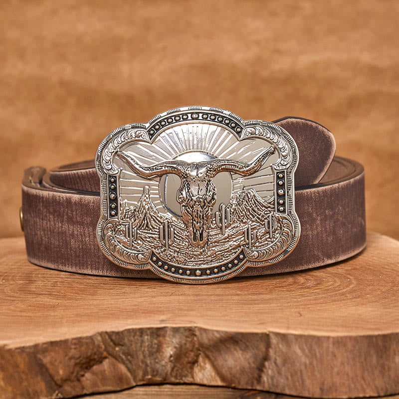 Herren-Ledergürtel mit silberner Western-Wüsten-Bullhead-Reliefschnalle - Silber - Brauner, abgenutzter Gürtel - 42 - image 9