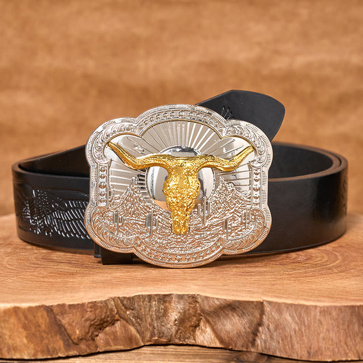 Herren-Ledergürtel mit silberner Western-Wüsten-Bullhead-Reliefschnalle - Golden - Schwarzer Gürtel mit Adlerprägung - 42 - image 4