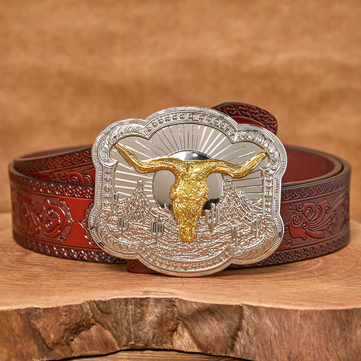 Herren-Ledergürtel mit silberner Western-Wüsten-Bullhead-Reliefschnalle - Golden - Brauner geschnitzter Gürtel - 42 - image 12