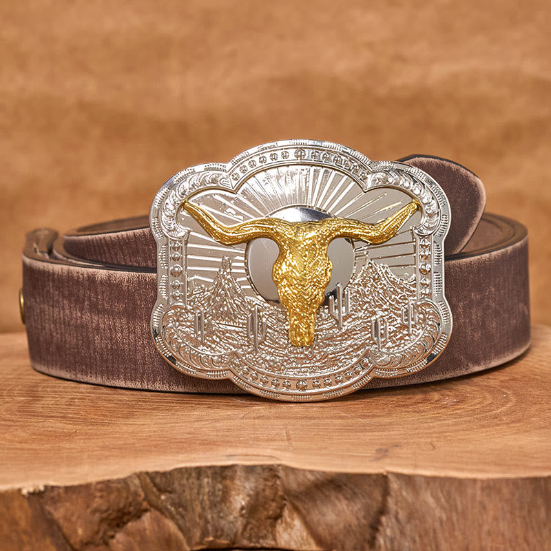 Herren-Ledergürtel mit silberner Western-Wüsten-Bullhead-Reliefschnalle - Golden - Brauner, abgenutzter Gürtel - 42 - image 10