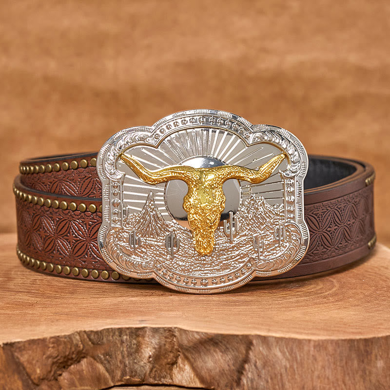 Herren-Ledergürtel mit silberner Western-Wüsten-Bullhead-Reliefschnalle - Golden - Brauner Nietgürtel - 42 - image 8