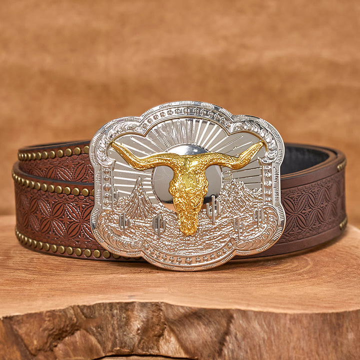 Herren-Ledergürtel mit silberner Western-Wüsten-Bullhead-Reliefschnalle - Golden - Brauner Nietgürtel - 42 - image 8