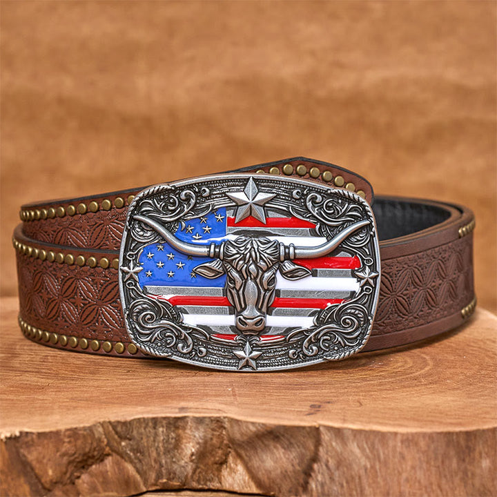 Herren-Ledergürtel mit bunten Sternenstreifen, Flaggenmotiv und Longhorn-Bullenschnalle - Silber - Brauner Nietgürtel - 42 - image 8