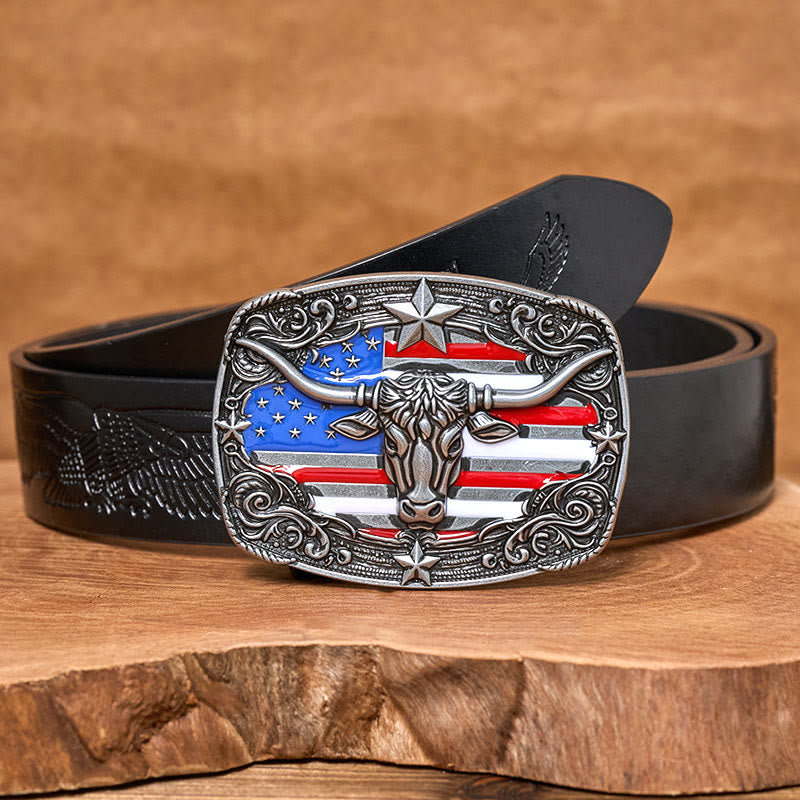 Herren-Ledergürtel mit bunten Sternenstreifen, Flaggenmotiv und Longhorn-Bullenschnalle - Silber - Schwarzer Gürtel mit Adlerprägung - 42 - image 4