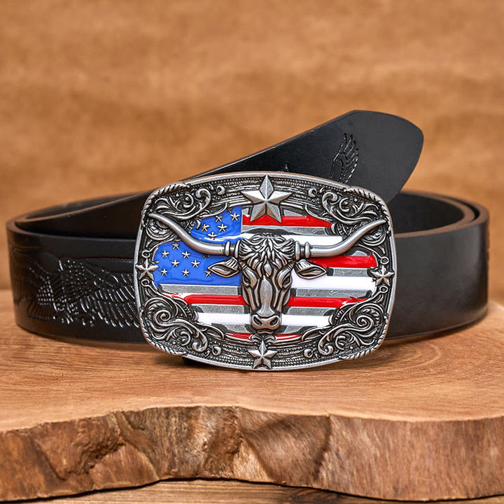 Herren-Ledergürtel mit bunten Sternenstreifen, Flaggenmotiv und Longhorn-Bullenschnalle - Silber - Schwarzer Gürtel mit Adlerprägung - 42 - image 4