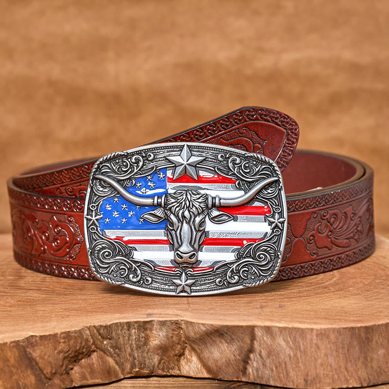 Herren-Ledergürtel mit bunten Sternenstreifen, Flaggenmotiv und Longhorn-Bullenschnalle - Silber - Brauner geschnitzter Gürtel - 42 - image 12