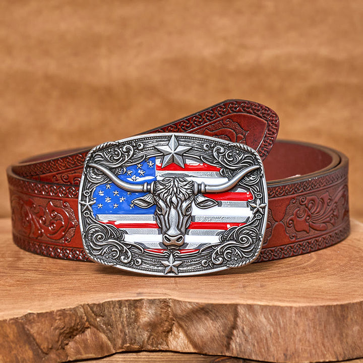 Herren-Ledergürtel mit bunten Sternenstreifen, Flaggenmotiv und Longhorn-Bullenschnalle - Silber - Brauner geschnitzter Gürtel - 42 - image 12