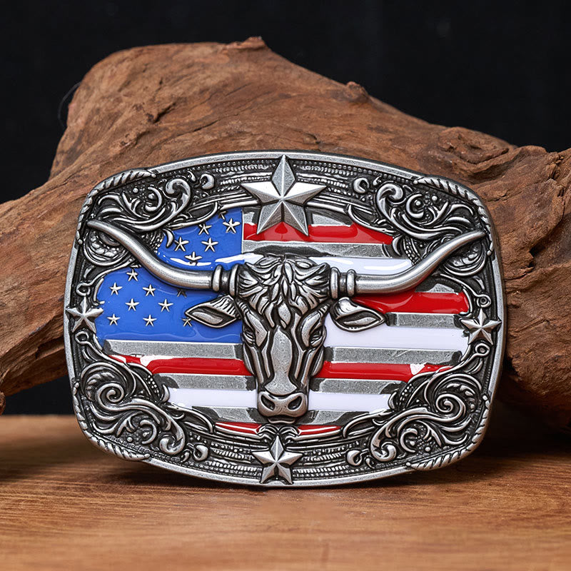 Herren-Ledergürtel mit bunten Sternenstreifen, Flaggenmotiv und Longhorn-Bullenschnalle - Silber - Ohne Gürtel - Nicht im Lieferumfang enthalten: Gürtel - image 0