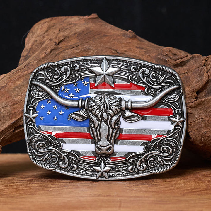 Herren-Ledergürtel mit bunten Sternenstreifen, Flaggenmotiv und Longhorn-Bullenschnalle - Silber - Ohne Gürtel - Nicht im Lieferumfang enthalten: Gürtel - image 0