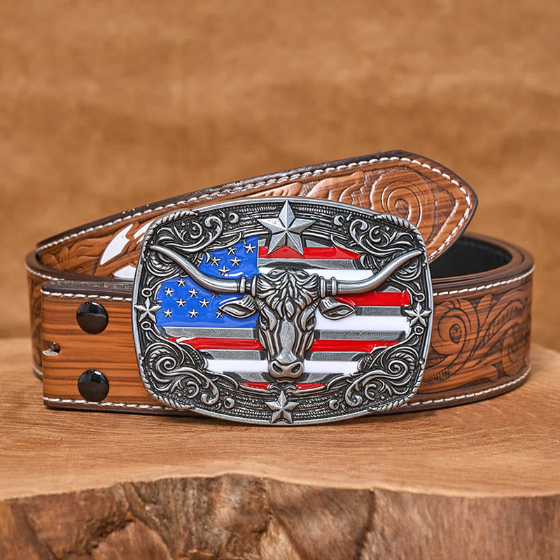 Herren-Ledergürtel mit bunten Sternenstreifen, Flaggenmotiv und Longhorn-Bullenschnalle - Silber - Brauner Federgürtel - 40 - image 14